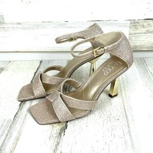 Franco Sarto Rania Womens 6.5 Gold Sparkle Square Toe Heeled Sandals NEW